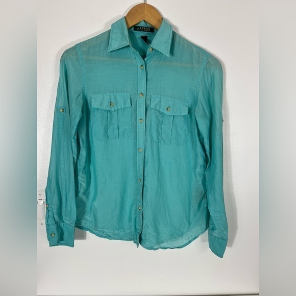 LAUREN Ralph Lauren Cotton Silk Blend Button Up Womens Size XS Blue Shirt Top - Picture 2 of 14